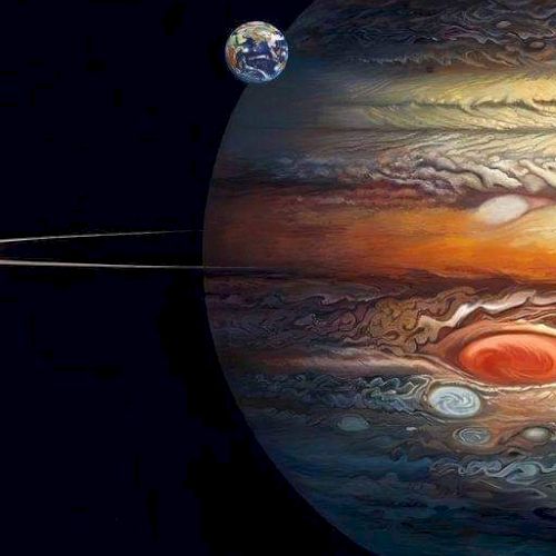 An artistic depiction of Jupiter with its Great Red Spot, accompanied by a small Earth in the background against a dark space backdrop.